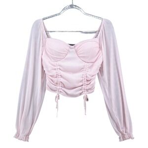 Sweet Society Pink Sweetheart Ruched Sheer Sleeve Coquette Crop Top Womens M
